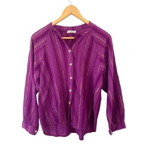 Made in Italy Vibrant Purple Textured Sparkly‎ Peasant Boho Button Down Blouse